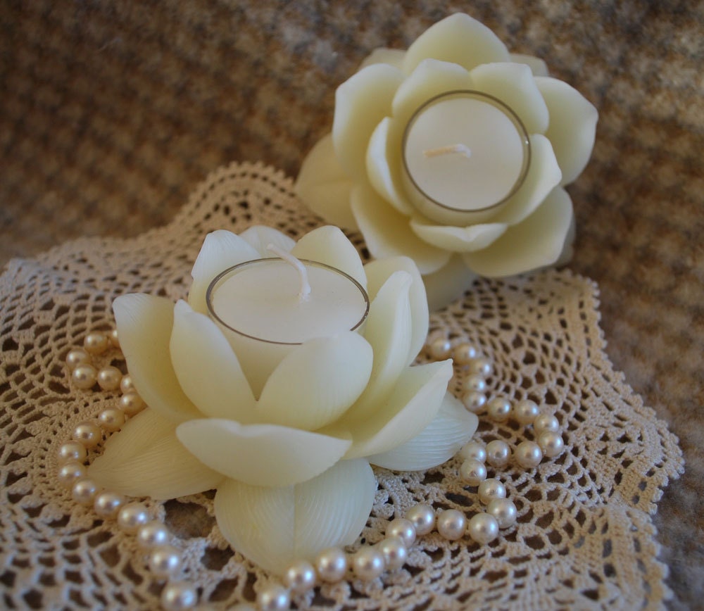 Pure White Beeswax Lotus Flower Candle Holder with 2 Tealights Infinitely Reuseable