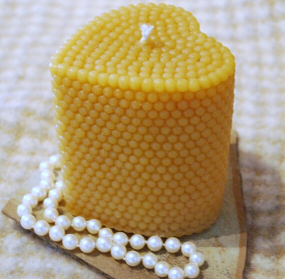 Pure Beeswax Pearl Covered Heart Shaped Pillar Candle