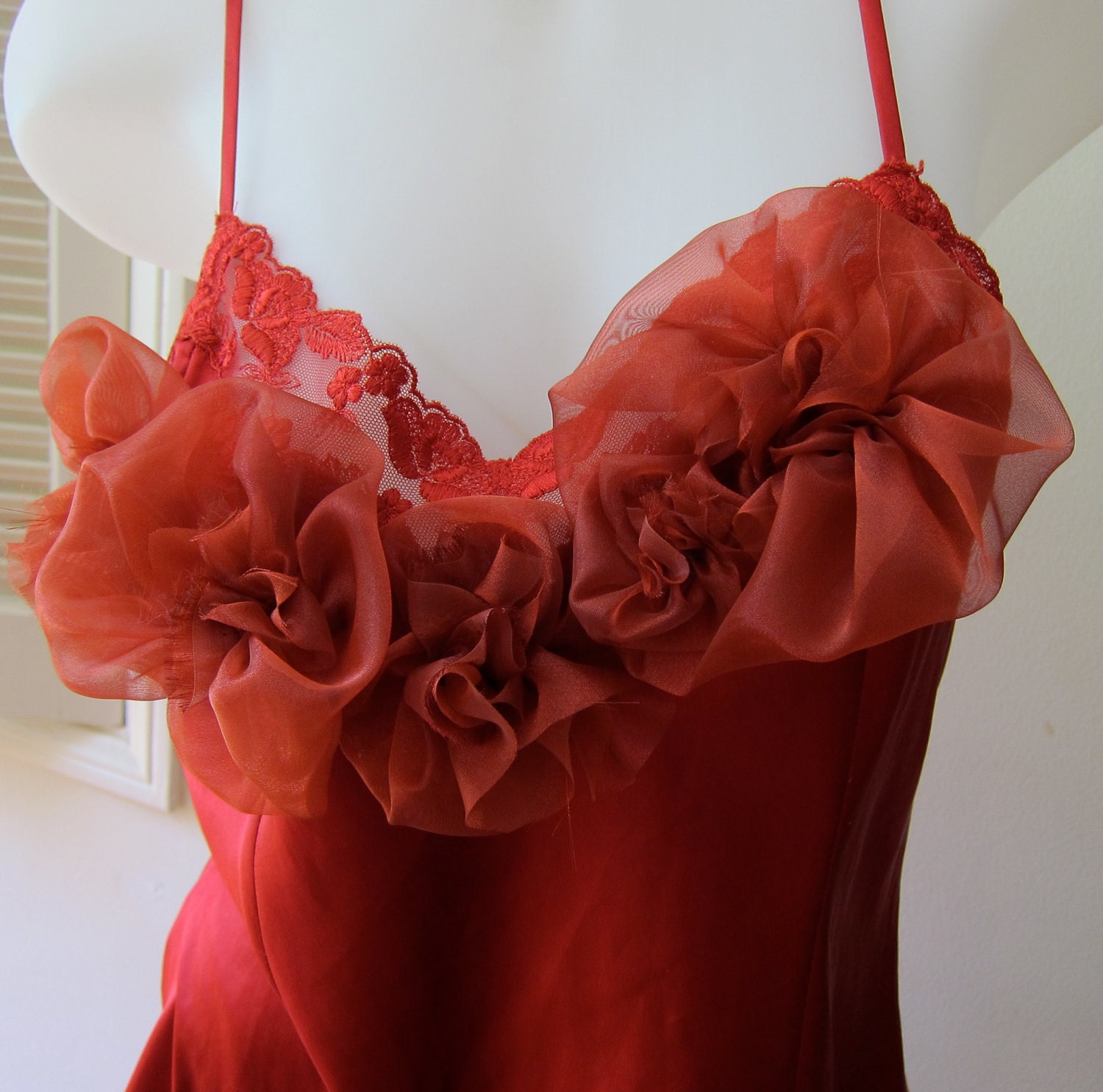 Ruby Red Chemise Gown with Lace and Handmade Flowers, Sz M