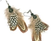 Natural feather short earrings with coil and bead