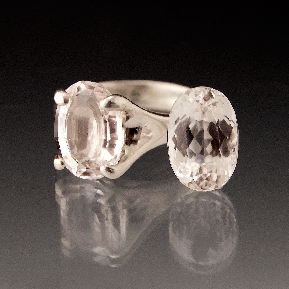 Pink Kunzite Oval Gemstone Four Paw Prong Solitaire Ring in Sterling Silver