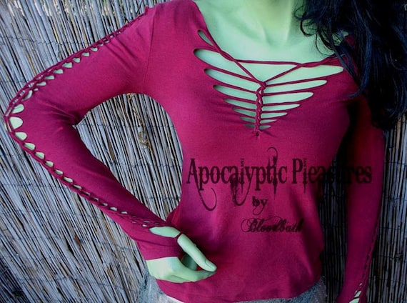 SALE The Brin Burgandy Wine Long Sleeve Post Apocalyptic Steampunk Goth Laddered Distressed Top