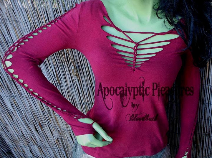 SALE The Brin Burgandy Wine Long Sleeve Post Apocalyptic Steampunk Goth Laddered Distressed Top