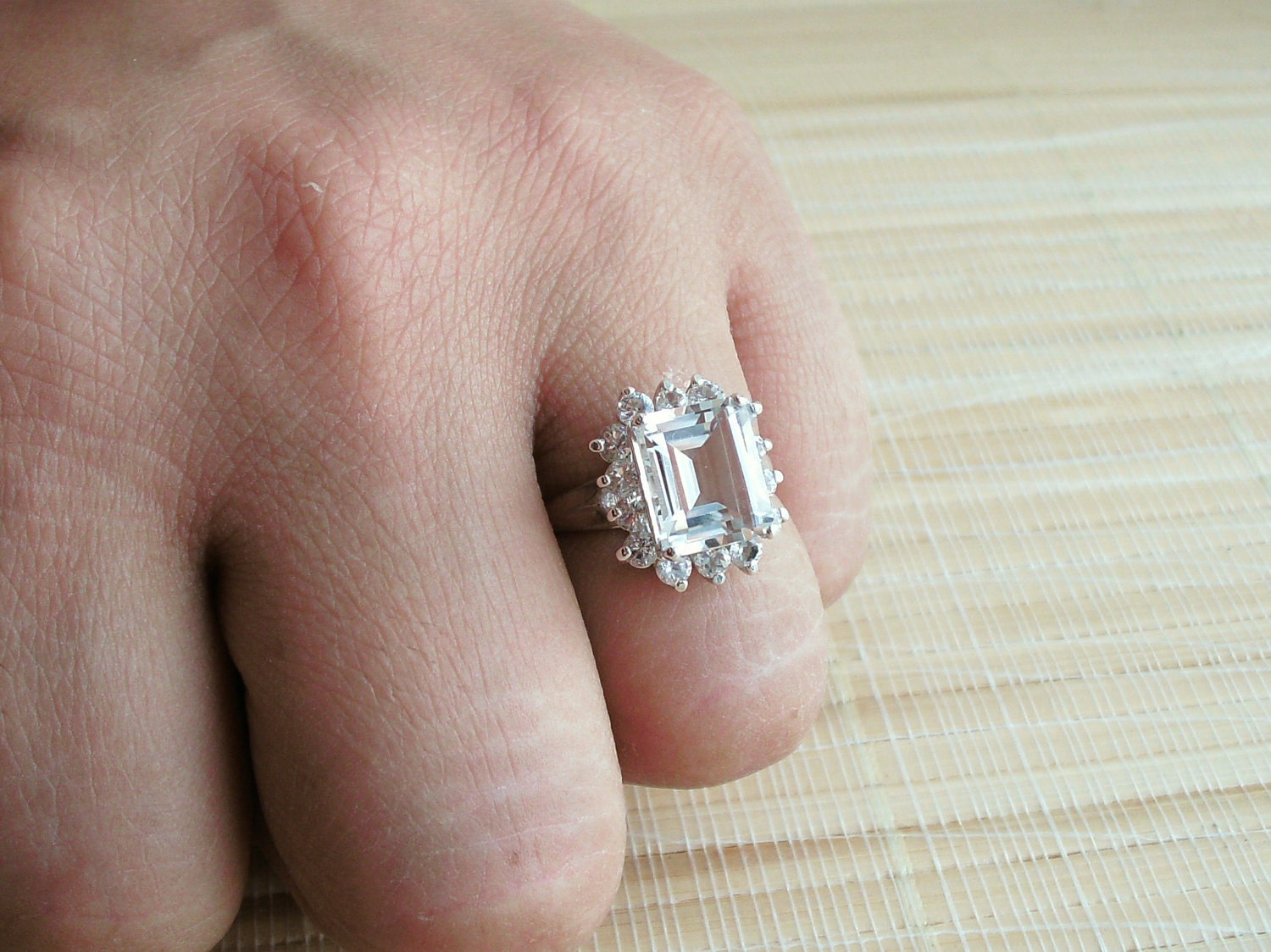 White Topaz Ring Emerald Cluster Sterling Silver April birthstone
