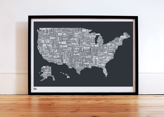 USA Type Map in Sheer Slate - decorative screen print