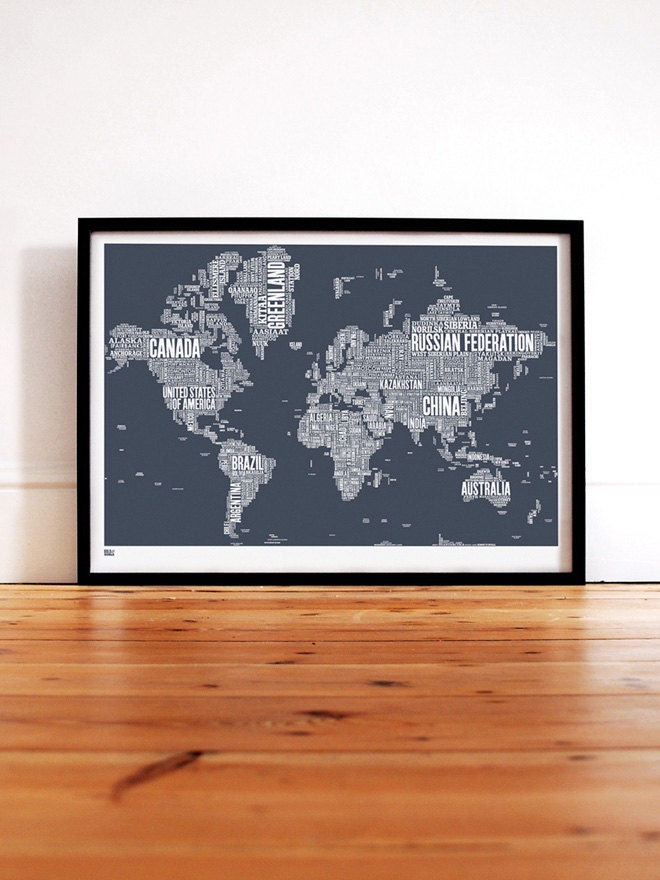 World Type Map in Sheer Slate - decorative screen print