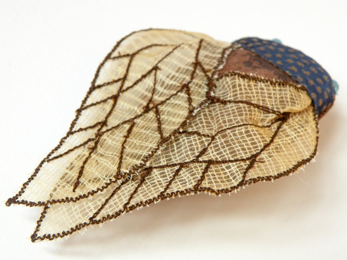 Soft Sculpture Fabric Insect Cicada Brooch /  Made to Order
