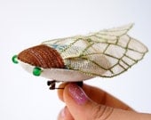 Handmade Fabric Cicada Brooch Green / Soft Sculpture Insect / Made to Order