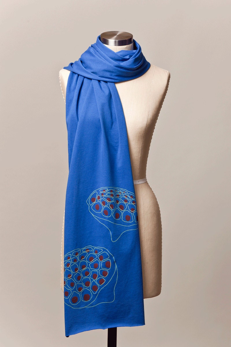 SALE - jersey scarf - lotus pod scarf - royal blue scarf - screen printed by hand - FREE SHIPPING - flytrap