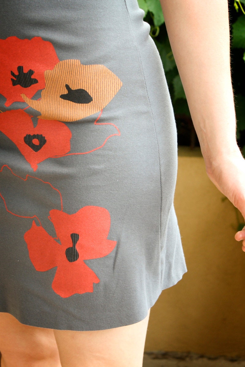 dress - SMALL - poppy shapes dress, handmade, baby rib fabric, asphalt with red flowers