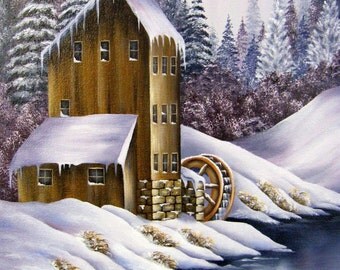 Oil Painting Winter Scene - The Old Mill - 12 x 16 Canvas FREE SHIPPING