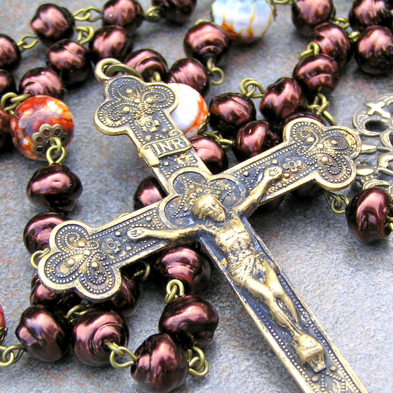Catholic Rosary with Vintage Cross & Chocolate Pearl Prayer Beads, Pearl Rosary, Brown Rosary, Rosary Necklace, Unisex Rosary, Catholic Gift