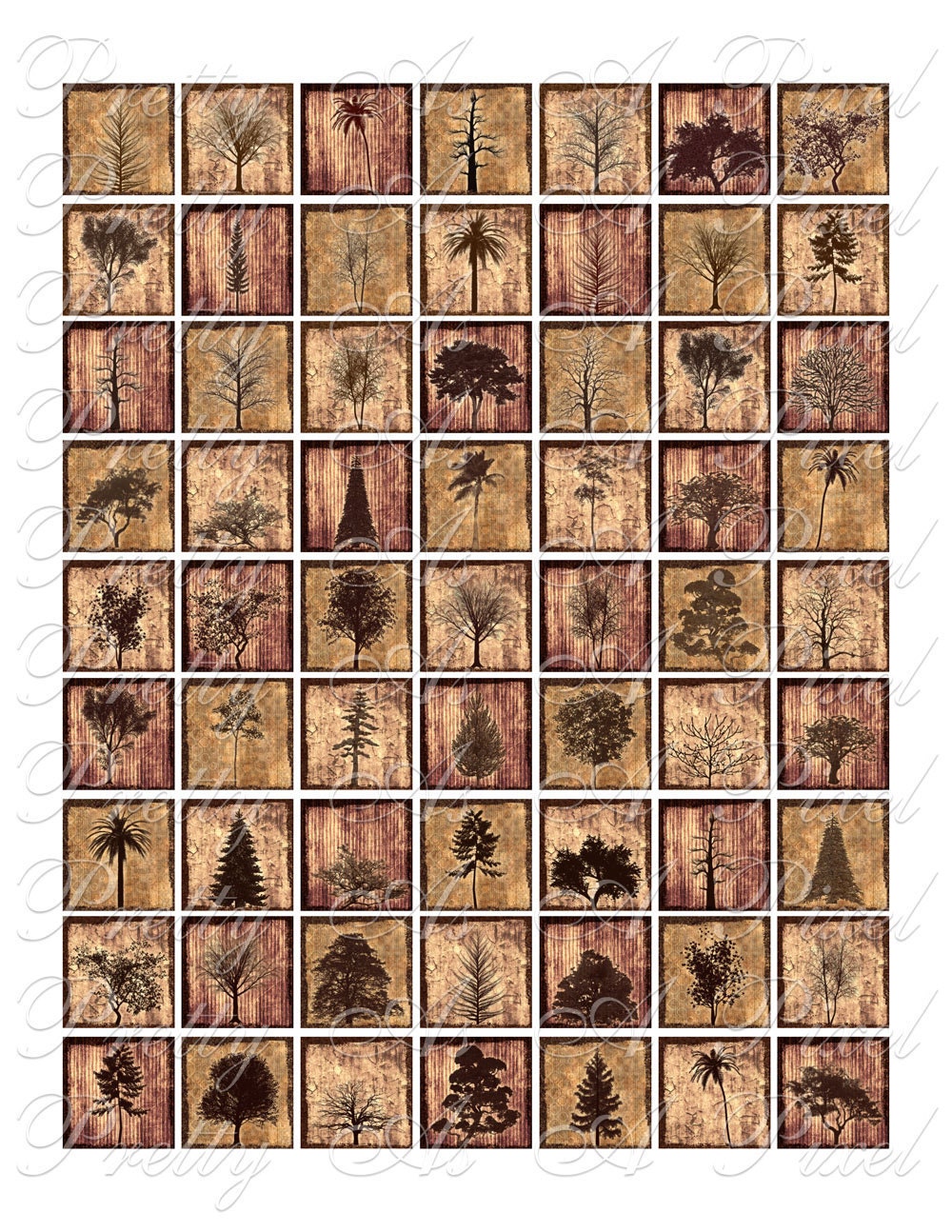 Tree Silhouettes - Inchies, 7-8 inch, or scrabble tile size .75 x .83 inch - Digital Collage Sheet