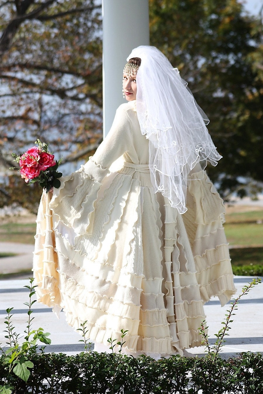 Custom Couture Bridal Wedding Coat- Upcycled Sweater Coat with a Medieval Liripipe Hood and Bell Sleeves by SnugglePants