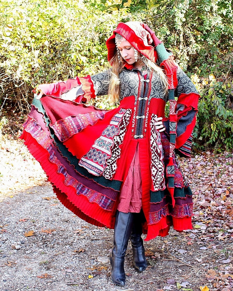 Lussinatten- Upcycled Norwegian Sweater Coat with a Medieval Liripipe Hood and Bell Sleeves by SnugglePants- RESERVED