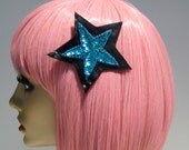 Black Faux Leather Hair Clip Sequin Star  Kawaii Punk Rockabilly