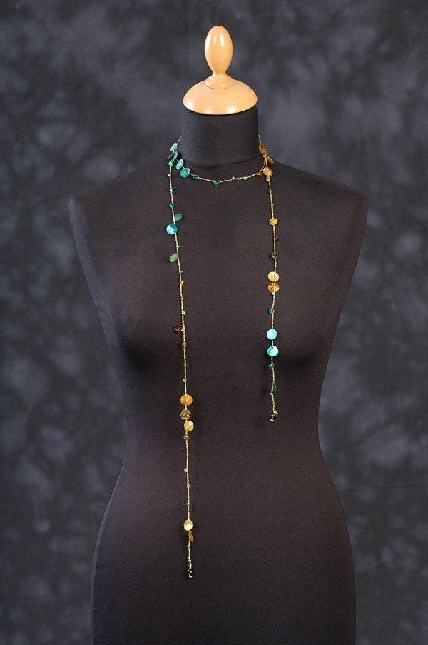 Long Crochet Lariat Necklace with Beads and Shells -  Lariat Necklace Colored with Turquoise and Gold