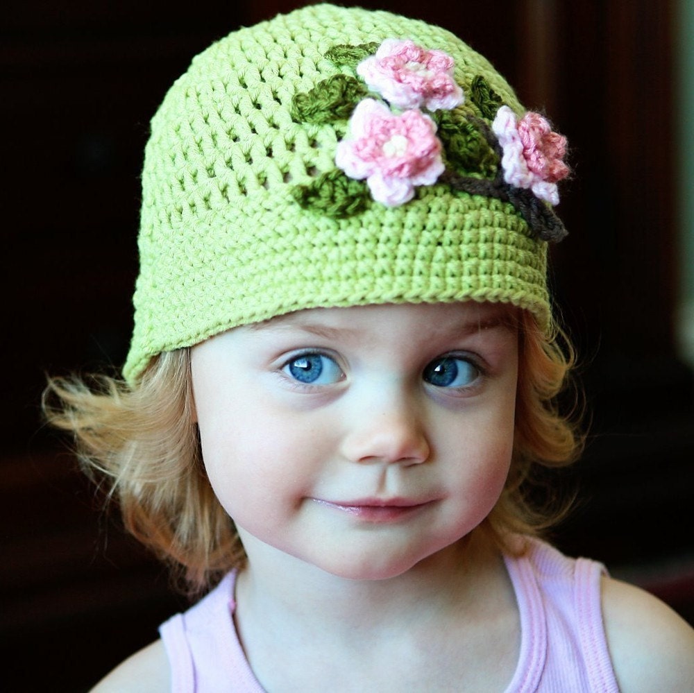 Cherry Blossom Cloche Crochet Hat with embroidery and crochet flowers in bamboo,merino and cotton, toddler and child sizes