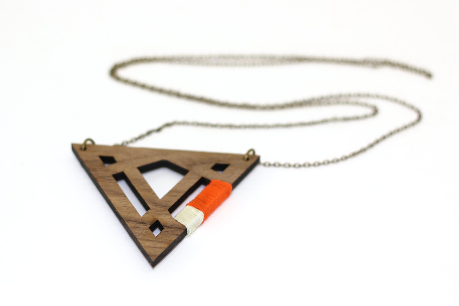 DIAMOND - Persimmon and cream, geometric, laser cut & string wrapped walnut necklace
