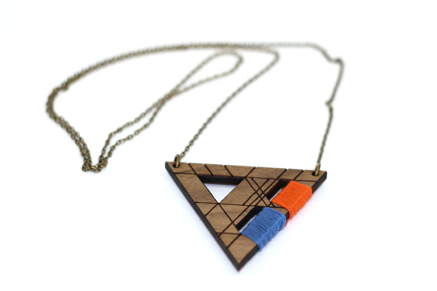 TRI - Persimmon and royal blue, geometric, laser cut/etched & string wrapped walnut necklace