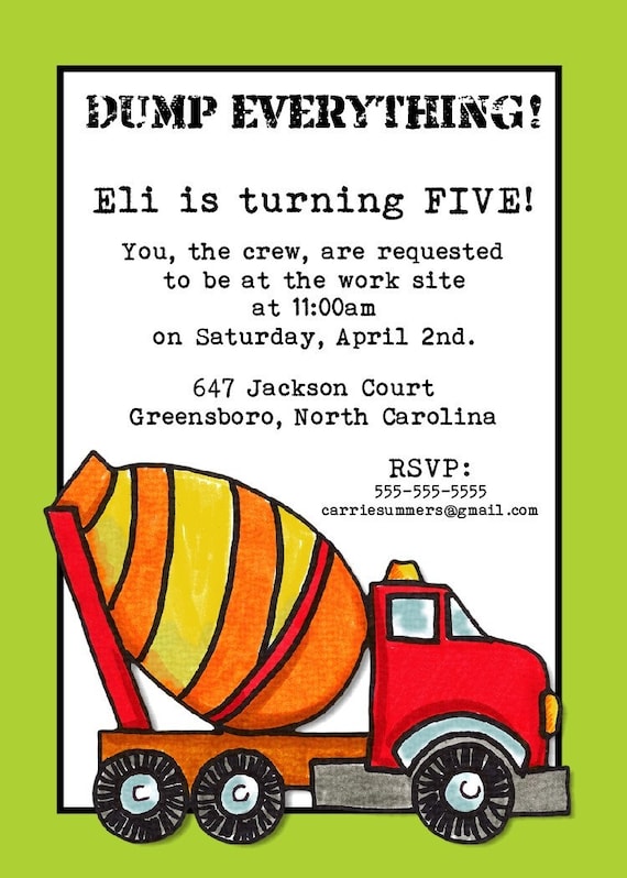 Dump Truck Birthday Party Invitation -- 5x7 Digital File