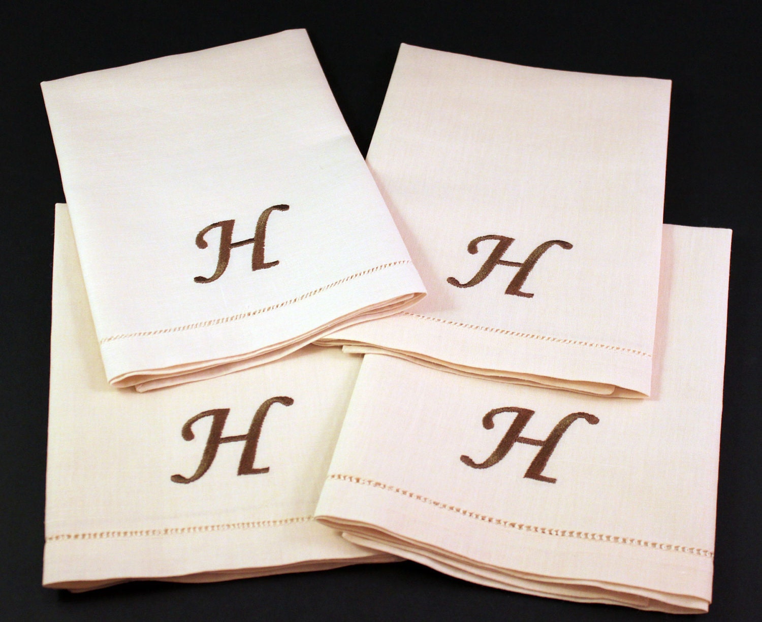 Single Initial Monogram Embroidered 20x20 Hemstitched Linen/Cotton Napkins