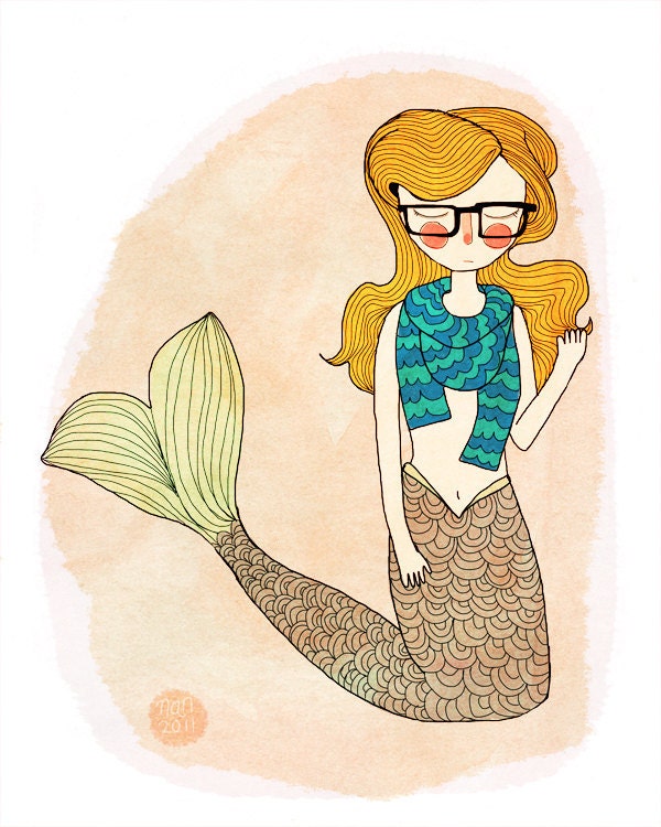 25% Off - Hipster Mermaid  - 8 x 10 Illustration Print