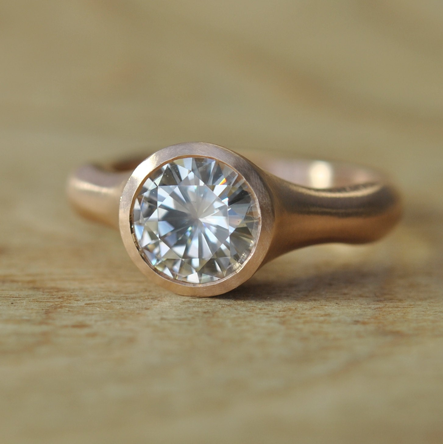 One Carat Moissanite Solitaire Ring in Brushed Rose Gold