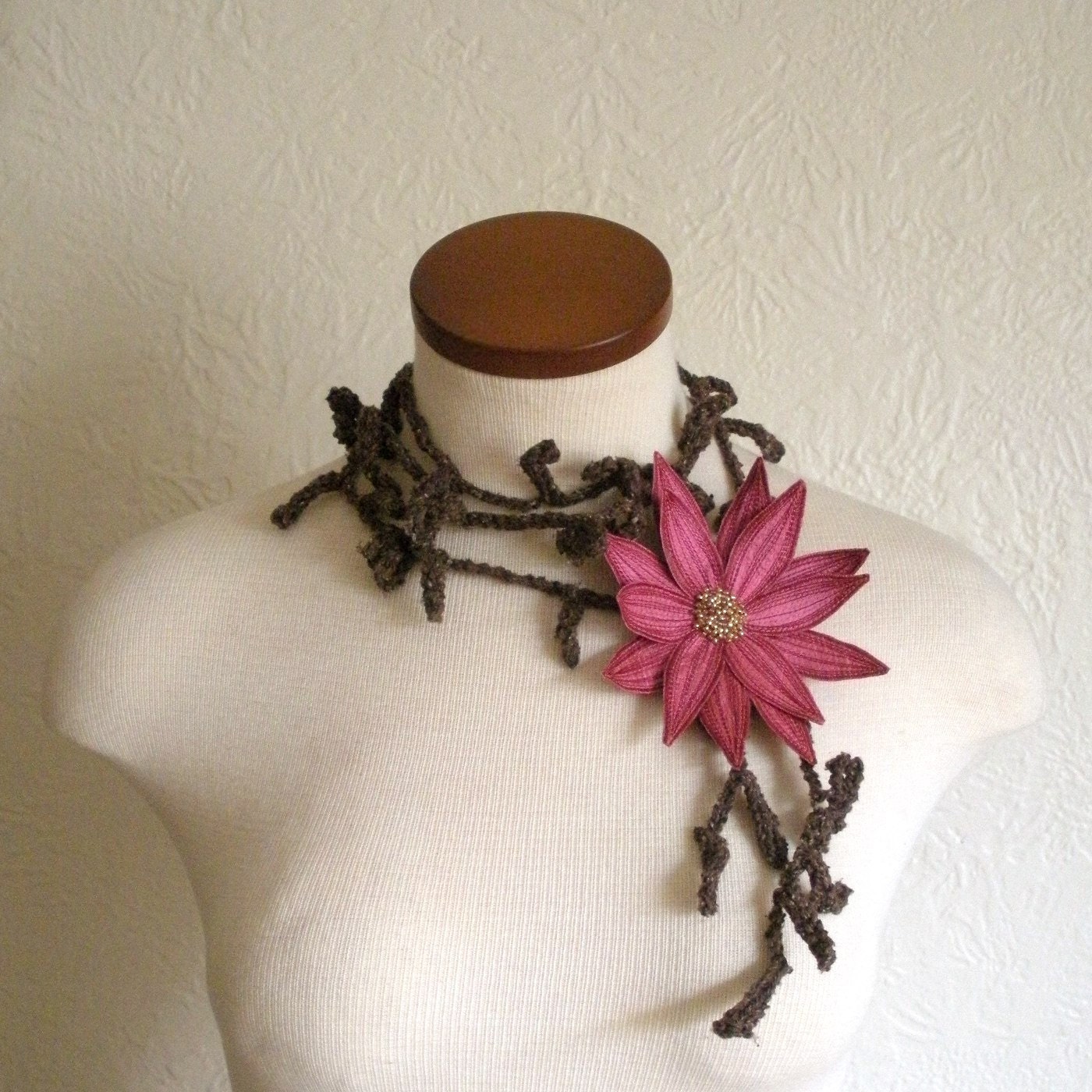 Cerise Pink Lotus Flower with Dark Brown Lariat Scarf-  Fiber Art Scarf- Embroidered Silk Flower Lily Clip with Crochet Scarflette