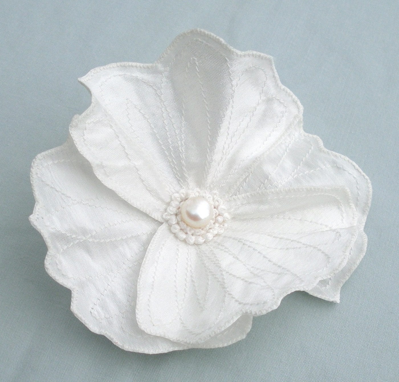 White Icelandic Poppy- Your Choice of Hair Clip or Brooch- Embroidered Silk Flower Fascinator- Ivory White with White Embroidery