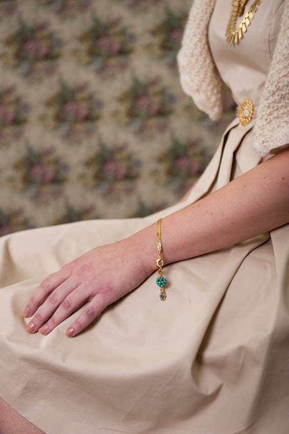 Good Luck Bracelet - HAMSA and Golden Bracelet with Turquoise Ball