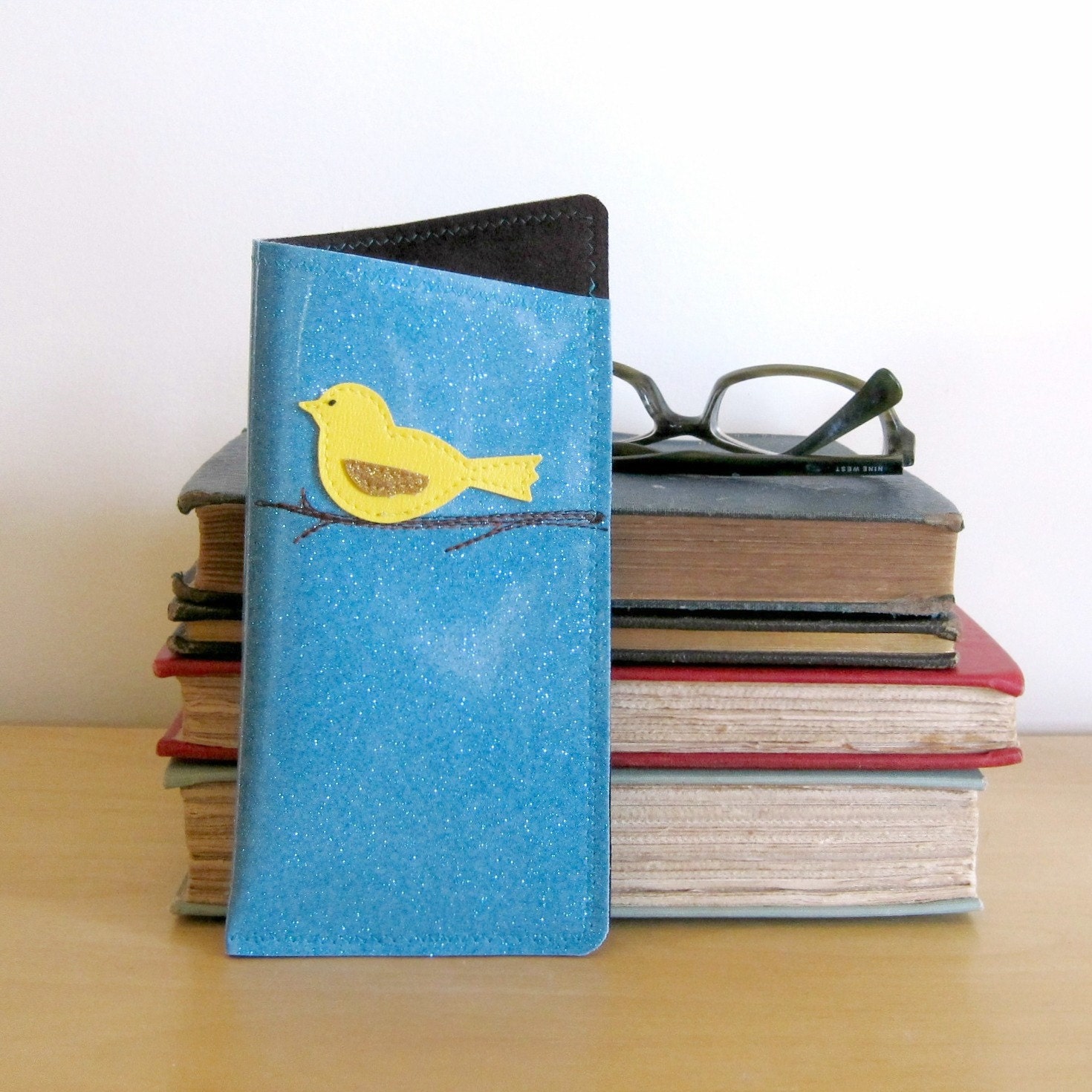 Vinyl Eyeglasses Case, Bird on a Branch Design, turquoise blue sparkle vinyl / brown ultrasuede, size SMALL