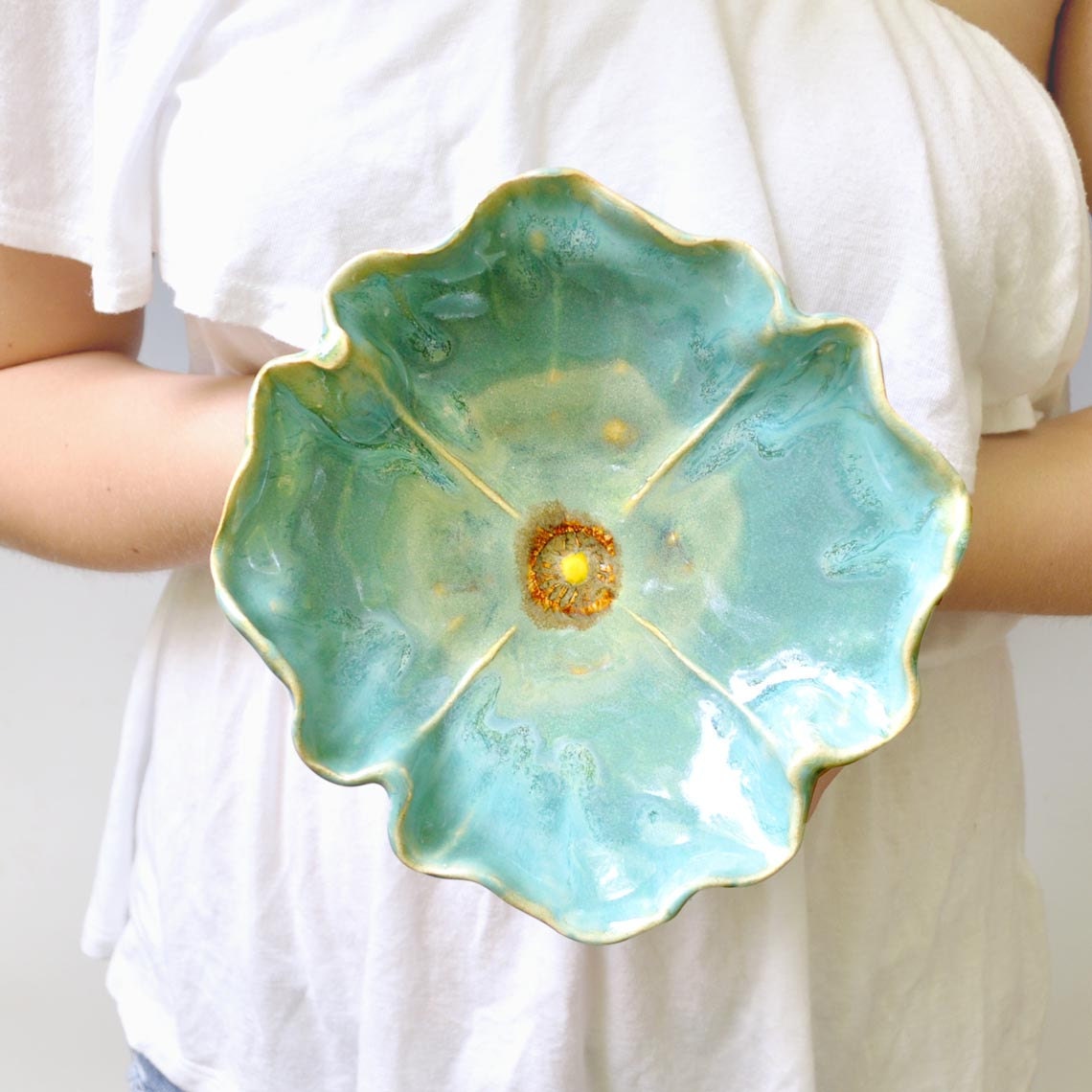 pottery bowl Poppy Bowl  ceramic soup bowl or salad size stoneware pottery Turquoise glaze