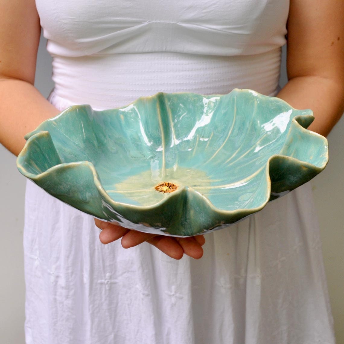 Ceramic Poppy Bowl stoneware pottery bowl 10 1/2" D Turquoise bowl Wedding table decoration