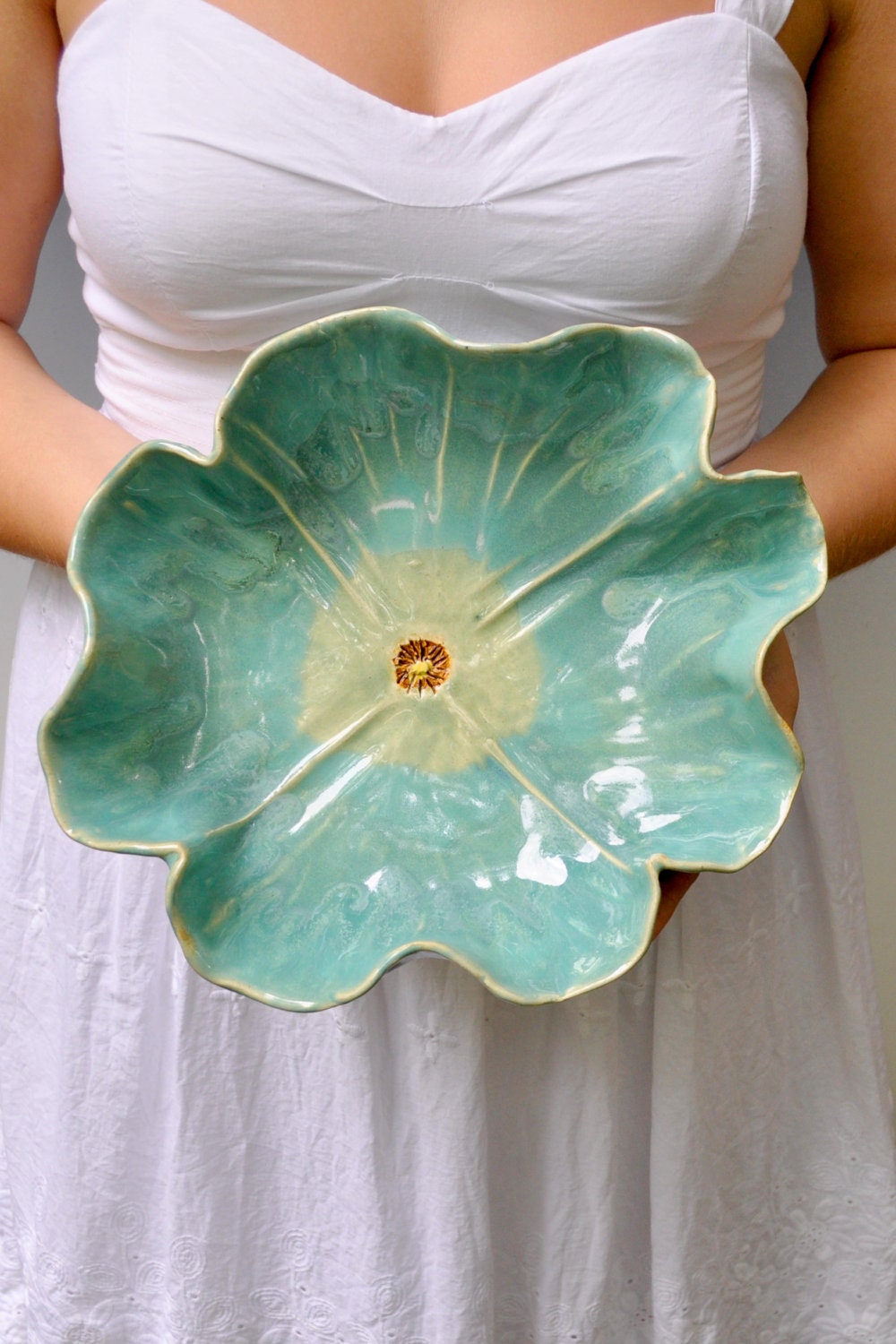 Ceramic Poppy Bowl stoneware pottery bowl 10 1/2" D Turquoise bowl Wedding table decoration