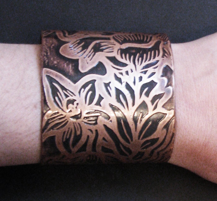 Personalized Jewelry - Custom Bouquet  - Etched Copper Cuff - Orchids and ginger - Native Hawaii Flowers