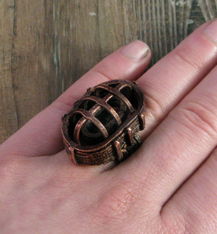 Copper Cage Ring - Oubliette Design - hand forged and soldered in my studio from copper wire - Armor and Medieval Era inspired