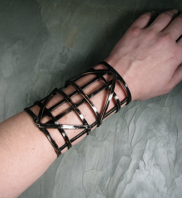 Copper Cuff bracelet - Warrior cage cuff - Iron Maiden - Skeletal Jewelry - Automaton inspired