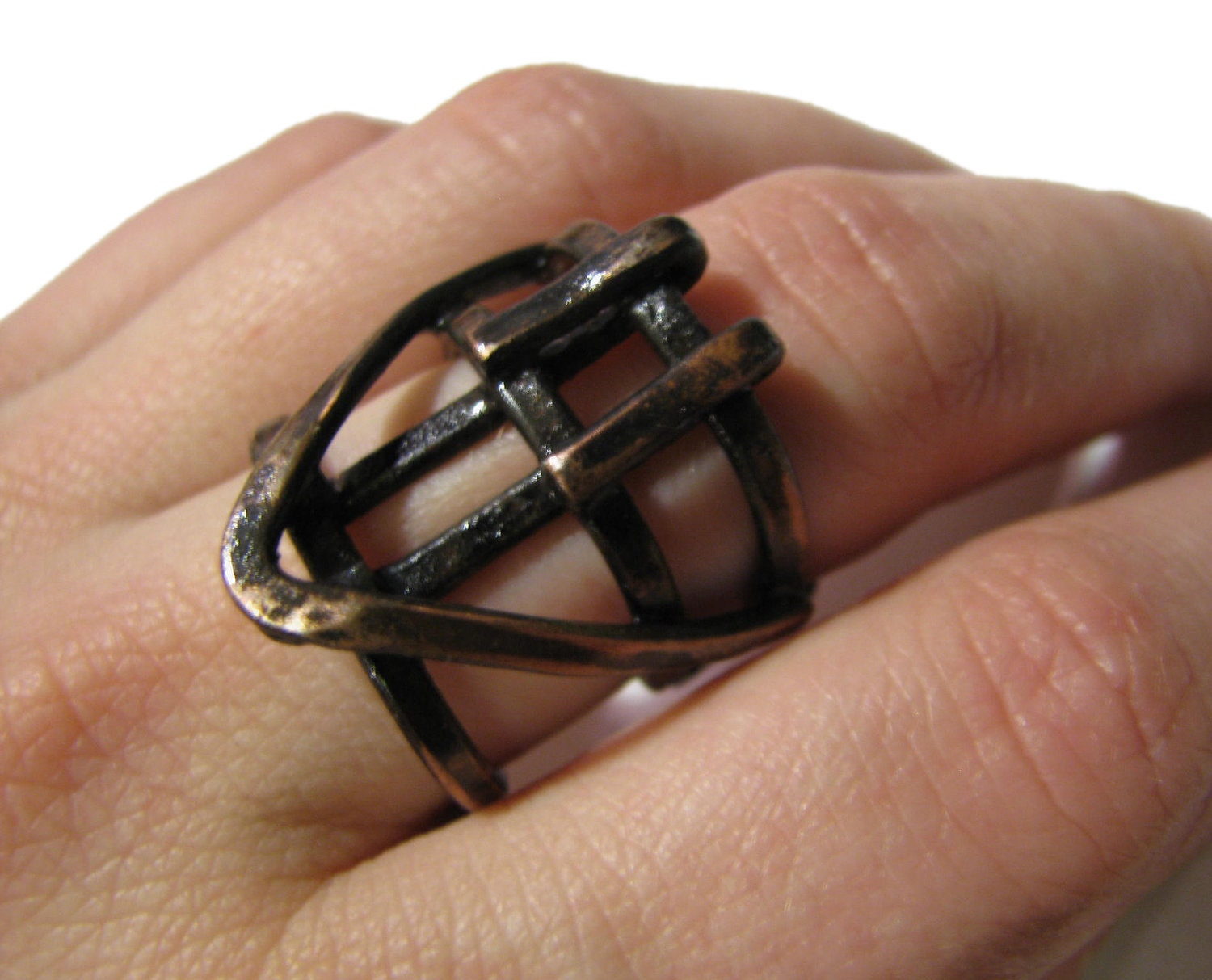 Copper Ring - Automaton Ring - Cage Design - Blackened and Sanded Finish - Adjustable fit
