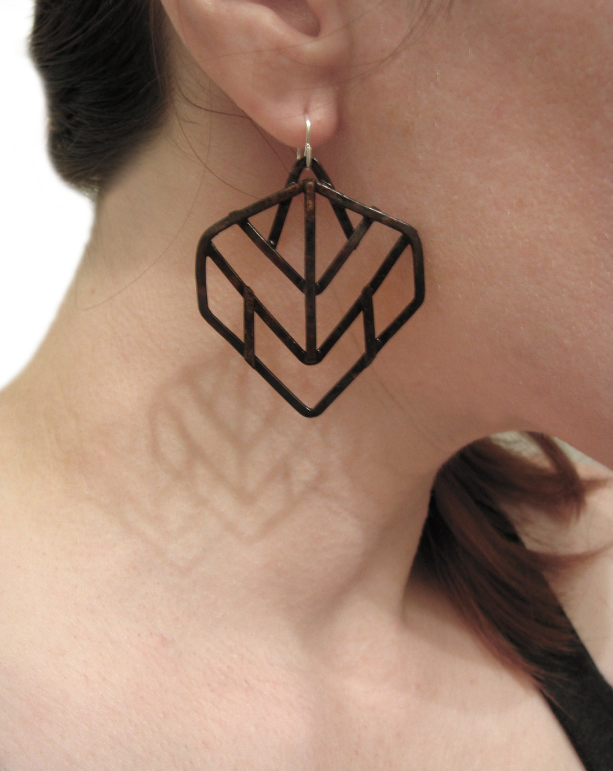 Geometric Earrings - Leaf Design - Black Finish - handmade jewelry - Art Deco and Prairie school revival