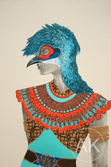 RESERVED FOR A.B., Fashion illustration, Acrylic painting, Bornean Peacock Pheasant animal mask, 12" x 16"