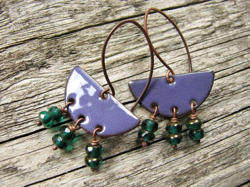 Purple Enamel Earrings With Emerald Green Dangles - Nomad Girl