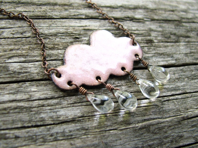 Pink Cloud Necklace - Enamel On Copper, Glass Raindrops