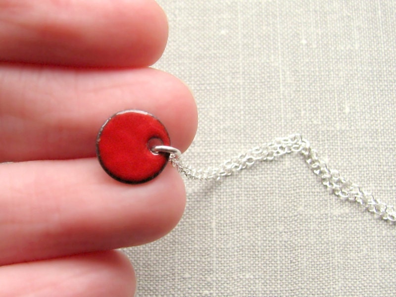 Dainty Enamel Necklace, Sterling Silver And Copper - Tiny Red Dot