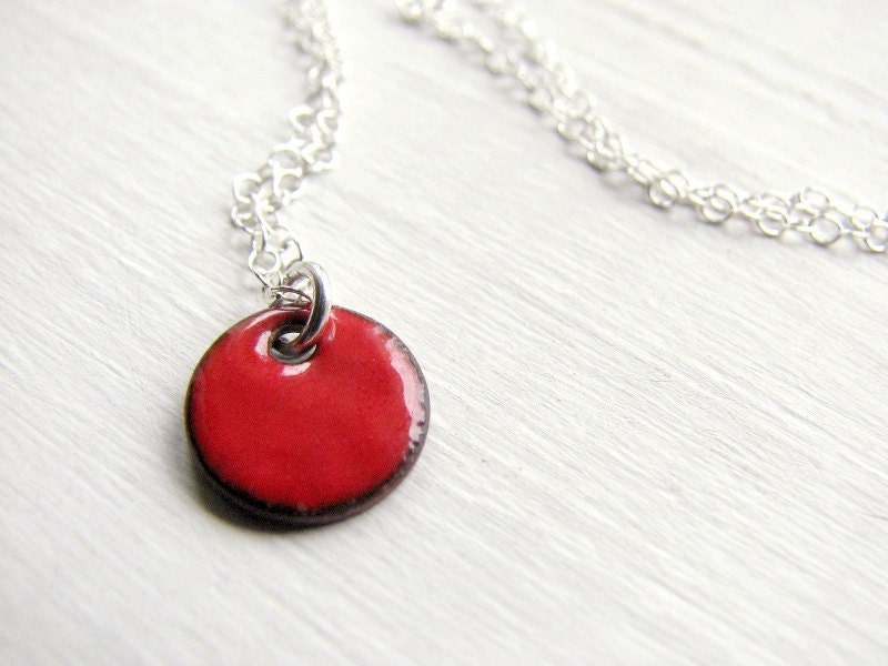 Dainty Enamel Necklace, Sterling Silver And Copper - Tiny Red Dot