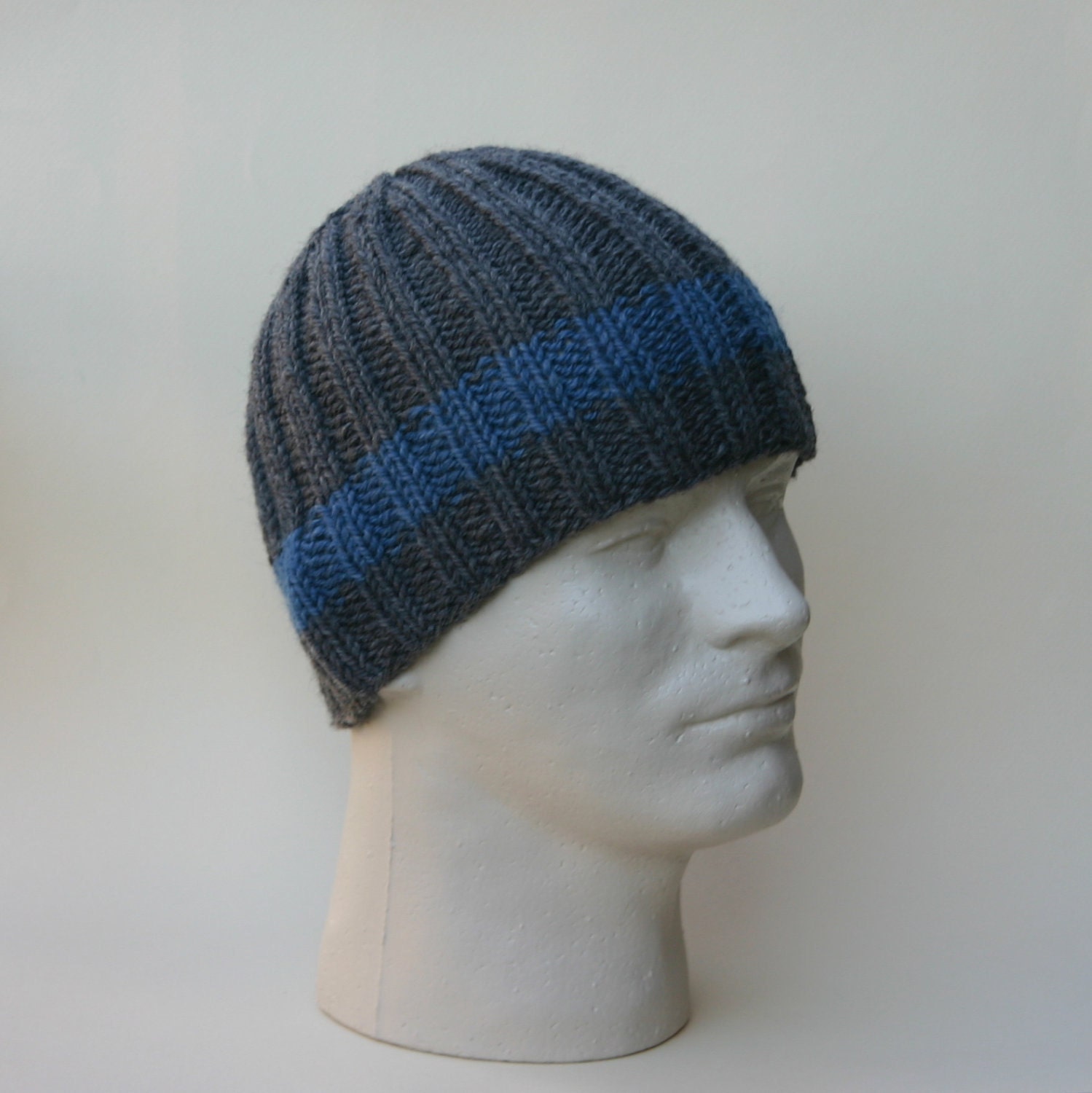 Men's Beanie Charcoal Grey Cadet Blue Ribbed Knit Hat Toque Warm Winter Merino Wool