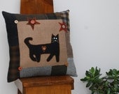 Wool Cat Pillow Primitive Black Cat Stars Pillow from Upcycled Wools