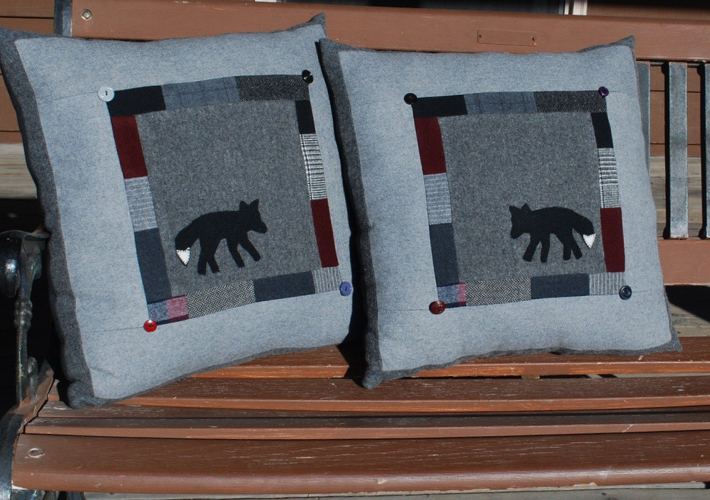 Fox pillow wool upcycled Black Gray  patchwork