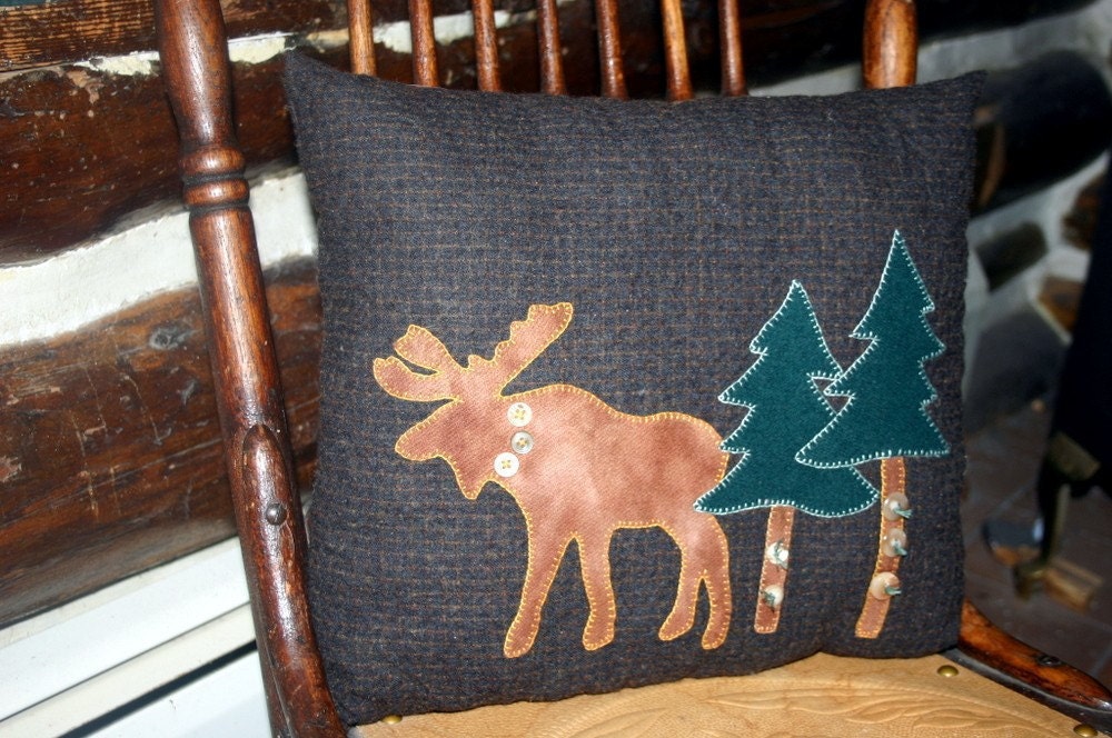 Moose Pillow Lodge Decor Upcycled Wool Moose Pine Trees Decorative Accent