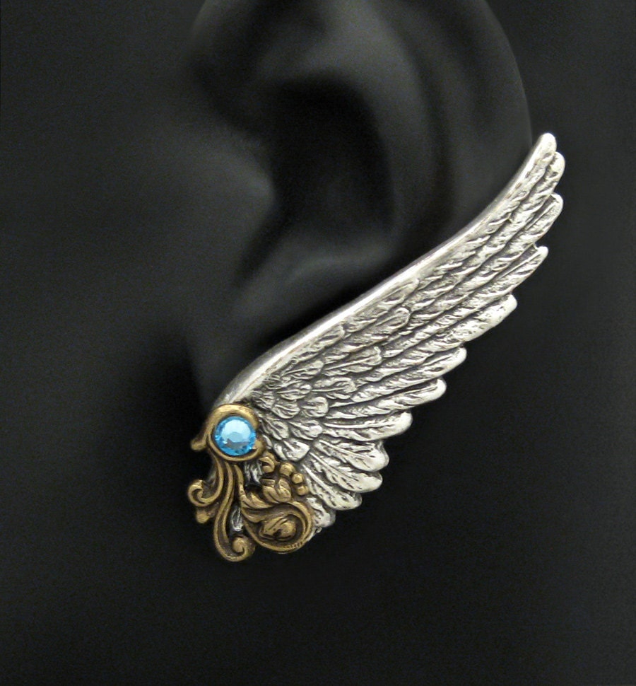 Shining Fate - Whisperling Series - Aqua Crystal Silver and Oxidized Brass Clip Wing Earrings